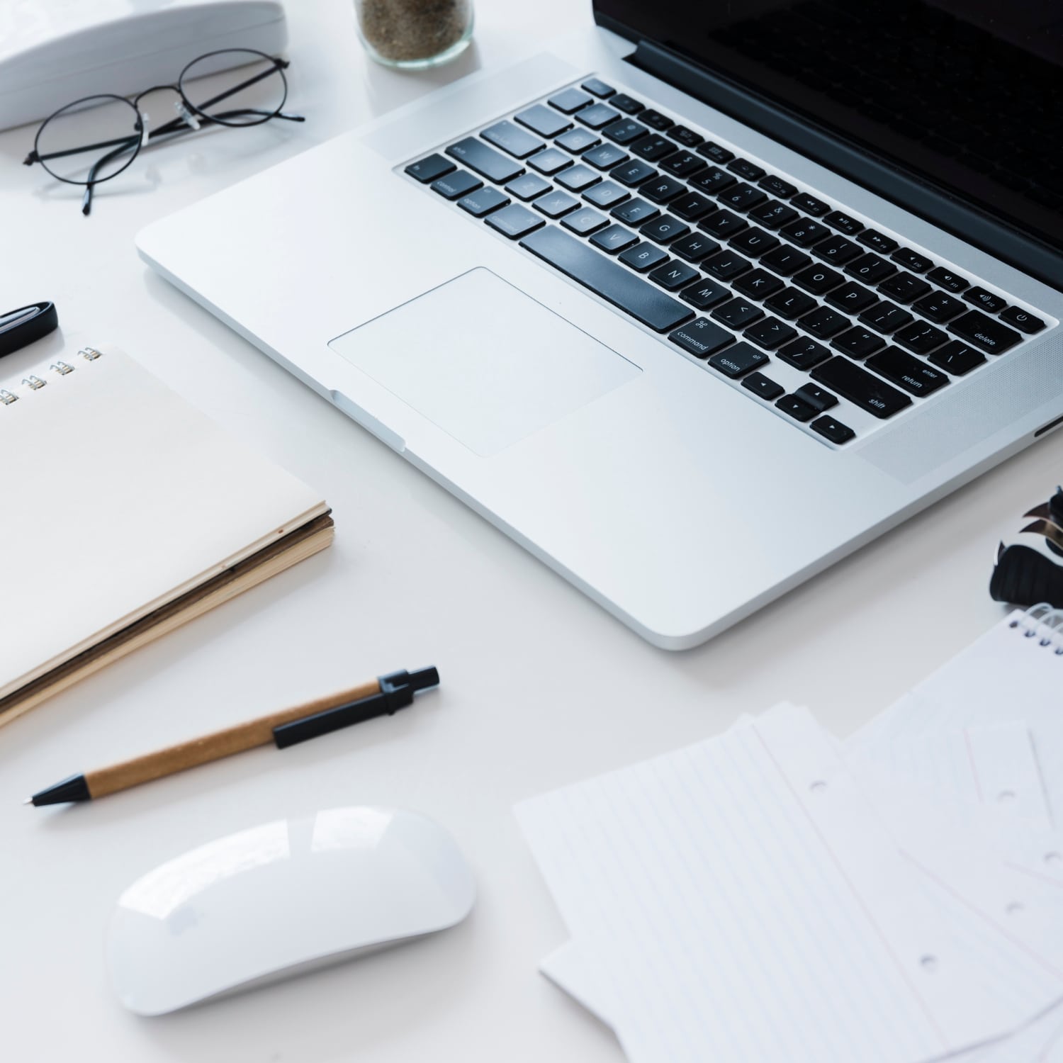 high angle desk arrangement with laptop